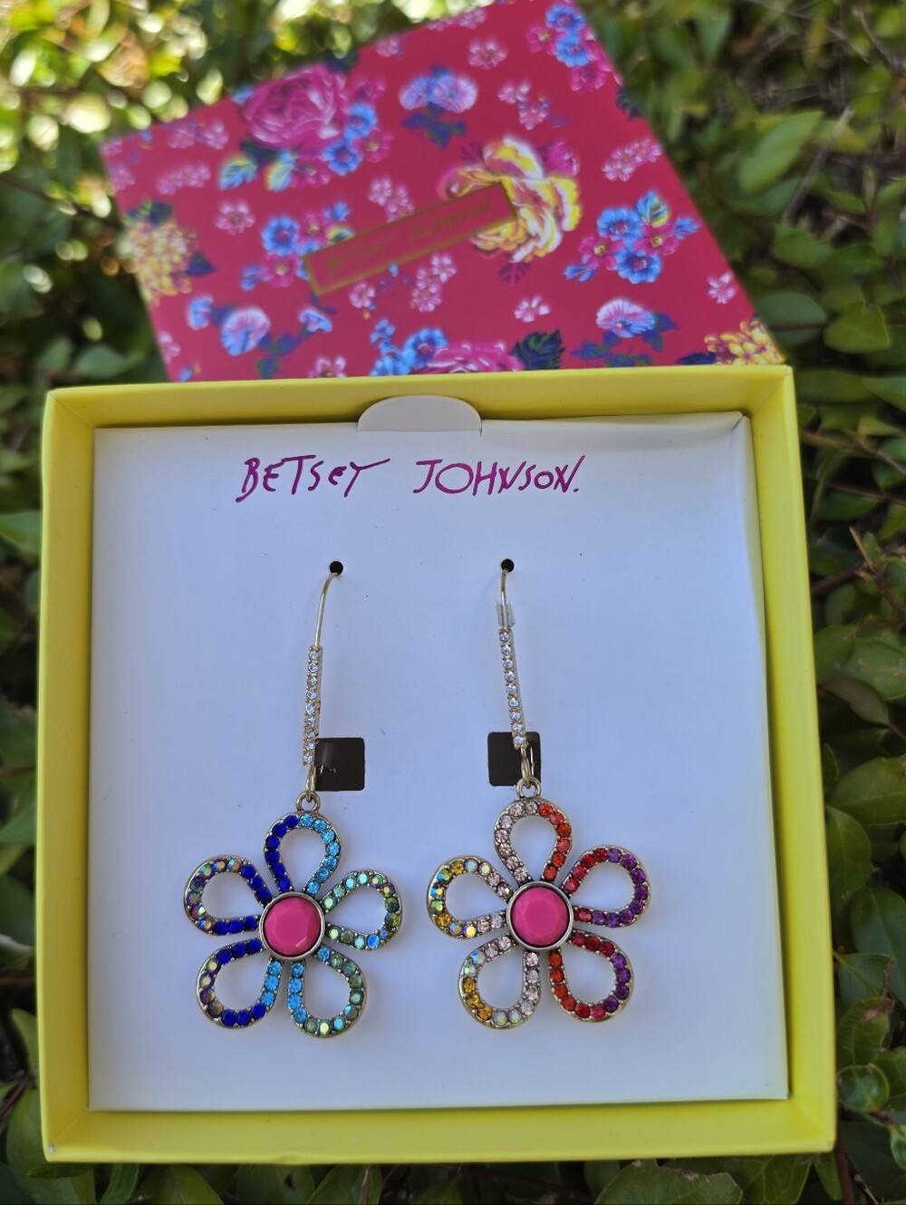 Betsey Johnson Rainbow Crystal Flower Dangle Earrings with Pink Centers New